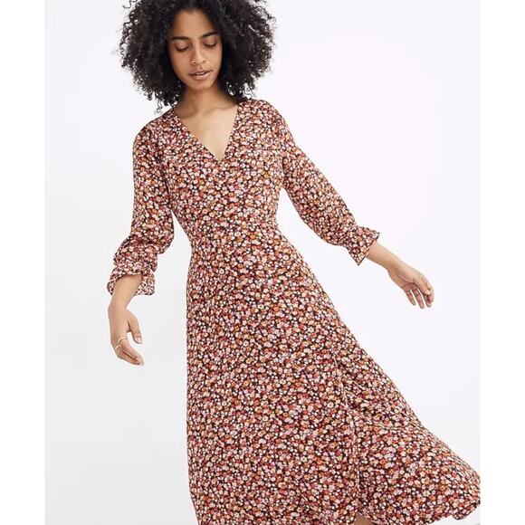 MADEWELL Clipdot Faux Wrap Midi Dress Floral Spring Prairie Cottagecore 6 Red - Picture 2 of 13